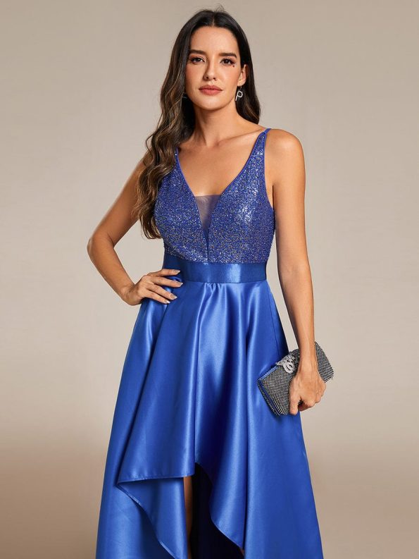 Sparkly Bodice High Low Prom Dresses for Women - Sapphire Blue