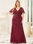 Custom Size Sparkly Embroidery Sequin V Neck Mermaid Evening Dress – Burgundy