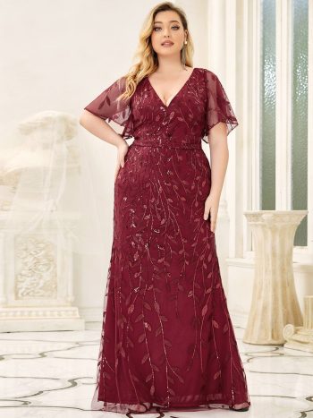 Custom Size Sparkly Embroidery Sequin V Neck Mermaid Evening Dress - Burgundy