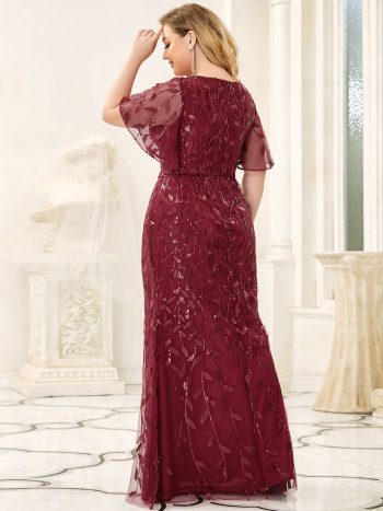 Custom Size Sparkly Embroidery Sequin V Neck Mermaid Evening Dress - Burgundy