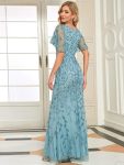 Gorgeous V Neck Leaf-Sequined Fishtail Party Dress – Dusty Blue