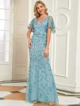 Gorgeous V Neck Leaf-Sequined Fishtail Party Dress – Dusty Blue