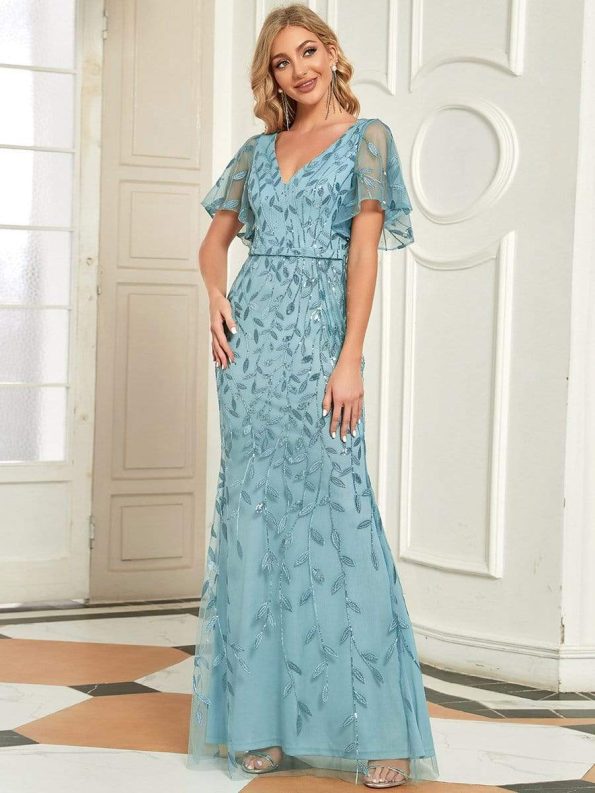 Gorgeous V Neck Leaf-Sequined Fishtail Party Dress - Dusty Blue