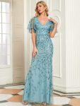 Gorgeous V Neck Leaf-Sequined Fishtail Party Dress – Dusty Blue