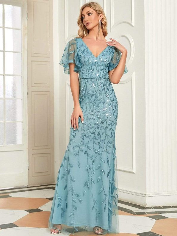 Gorgeous V Neck Leaf-Sequined Fishtail Party Dress - Dusty Blue