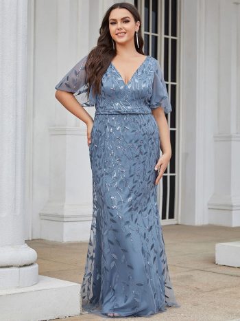 Custom Size Sparkly Embroidery Sequin V Neck Mermaid Evening Dress - Dusty Navy