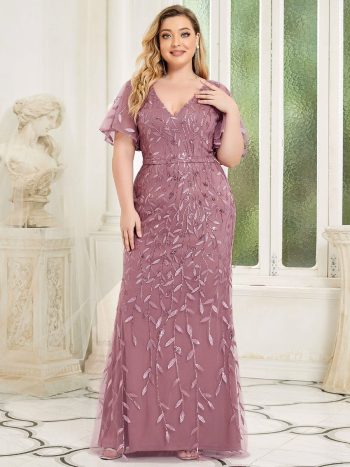 Custom Size Sparkly Embroidery Sequin V Neck Mermaid Evening Dress - Purple Orchid