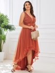 Plus Size Sequin High-Low Deep V Neck Tulle Evening Dresses – Burnt Orange