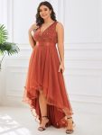 Plus Size Sequin High-Low Deep V Neck Tulle Evening Dresses – Burnt Orange