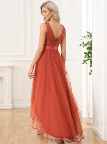 Fashion High-Low Deep V Neck Tulle Prom Dresses with Sequin Appliques - Burnt Orange