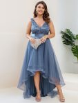 Plus Size Sequin High-Low Deep V Neck Tulle Evening Dresses – Dusty Navy