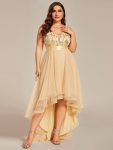 Plus Size Sequin High-Low Deep V Neck Tulle Evening Dresses – Gold