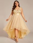 Fashion High-Low Deep V Neck Tulle Prom Dresses with Sequin Appliques – Gold