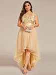 Plus Size Sequin High-Low Deep V Neck Tulle Evening Dresses – Gold