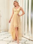 Fashion High-Low Deep V Neck Tulle Prom Dresses with Sequin Appliques – Gold