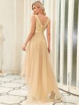 Fashion High-Low Deep V Neck Tulle Prom Dresses with Sequin Appliques – Gold