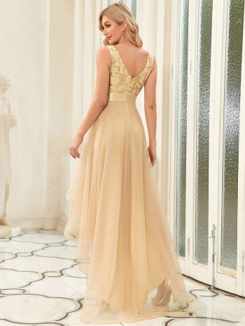 Fashion High-Low Deep V Neck Tulle Prom Dresses with Sequin Appliques - Gold