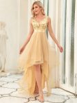 Fashion High-Low Deep V Neck Tulle Prom Dresses with Sequin Appliques – Gold