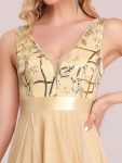 Fashion High-Low Deep V Neck Tulle Prom Dresses with Sequin Appliques – Gold