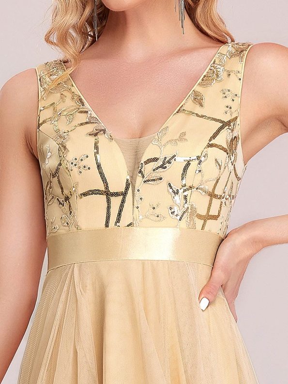 Fashion High-Low Deep V Neck Tulle Prom Dresses with Sequin Appliques - Gold