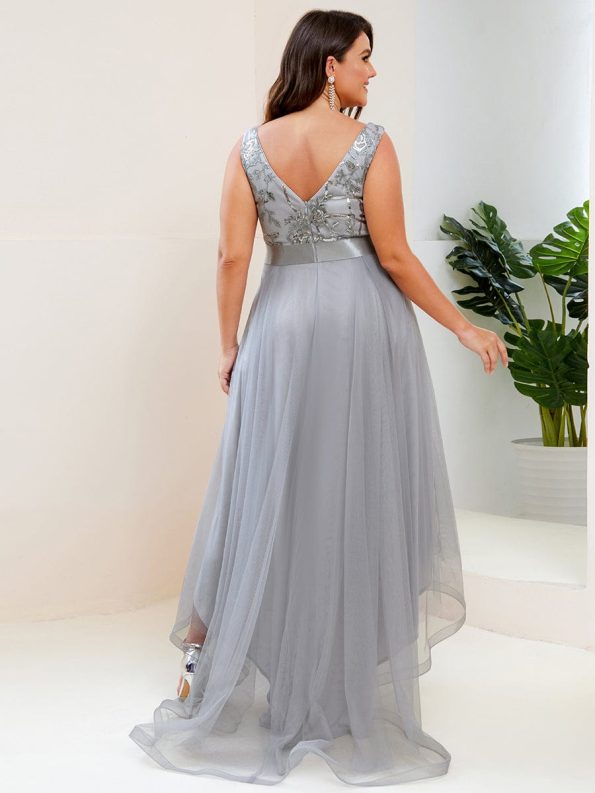 Plus Size Sequin High-Low Deep V Neck Tulle Evening Dresses - Grey