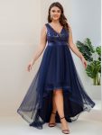 Plus Size Sequin High-Low Deep V Neck Tulle Evening Dresses – Navy Blue