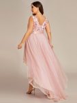 Fashion High-Low Deep V Neck Tulle Prom Dresses with Sequin Appliques – Pink