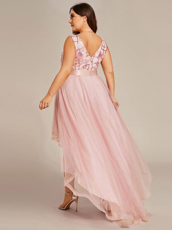 Fashion High-Low Deep V Neck Tulle Prom Dresses with Sequin Appliques - Pink