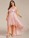 Plus Size Sequin High-Low Deep V Neck Tulle Evening Dresses – Pink