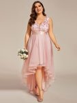 Plus Size Sequin High-Low Deep V Neck Tulle Evening Dresses - Pink