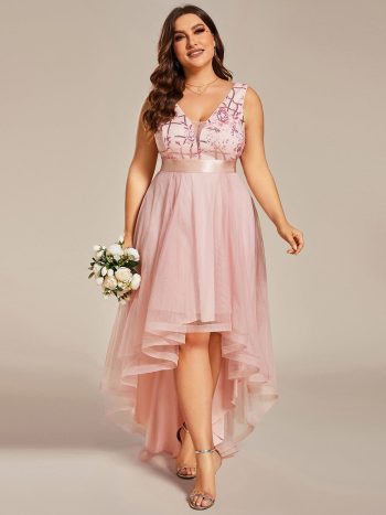 Plus Size Sequin High-Low Deep V Neck Tulle Evening Dresses - Pink