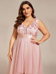 Fashion High-Low Deep V Neck Tulle Prom Dresses with Sequin Appliques – Pink