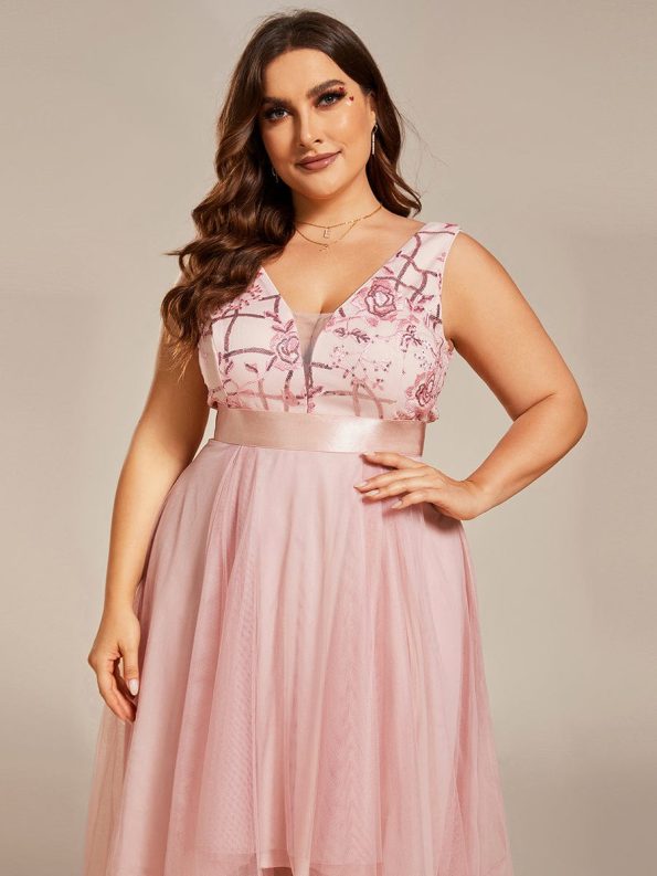 Plus Size Sequin High-Low Deep V Neck Tulle Evening Dresses - Pink