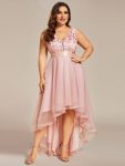 Fashion High-Low Deep V Neck Tulle Prom Dresses with Sequin Appliques – Pink