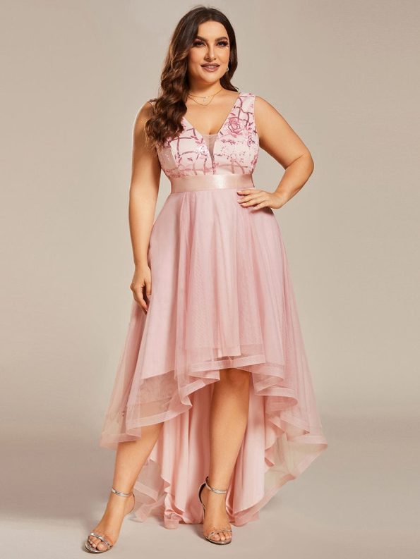 Fashion High-Low Deep V Neck Tulle Prom Dresses with Sequin Appliques - Pink