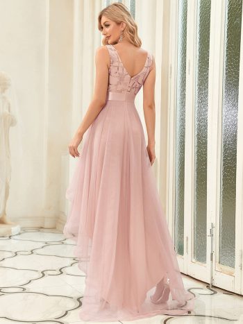 Fashion High-Low Deep V Neck Tulle Prom Dresses with Sequin Appliques - Pink