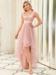 Fashion High-Low Deep V Neck Tulle Prom Dresses with Sequin Appliques – Pink