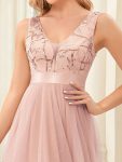 Fashion High-Low Deep V Neck Tulle Prom Dresses with Sequin Appliques – Pink