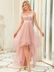 Fashion High-Low Deep V Neck Tulle Prom Dresses with Sequin Appliques - Pink