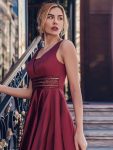 Women’s V-Neck High Low Cocktail Party Dresses – Burgundy