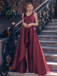 Women’s V-Neck High Low Cocktail Party Dresses – Burgundy