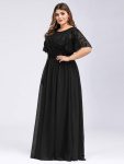 Plus Size Women’s Embroidery Evening Dresses with Short Sleeve – Black