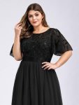 Plus Size Women’s Embroidery Evening Dresses with Short Sleeve – Black