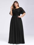 Plus Size Women’s Embroidery Evening Dresses with Short Sleeve – Black