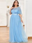 Plus Size Women's Embroidery Evening Dresses with Short Sleeve - Sky Blue