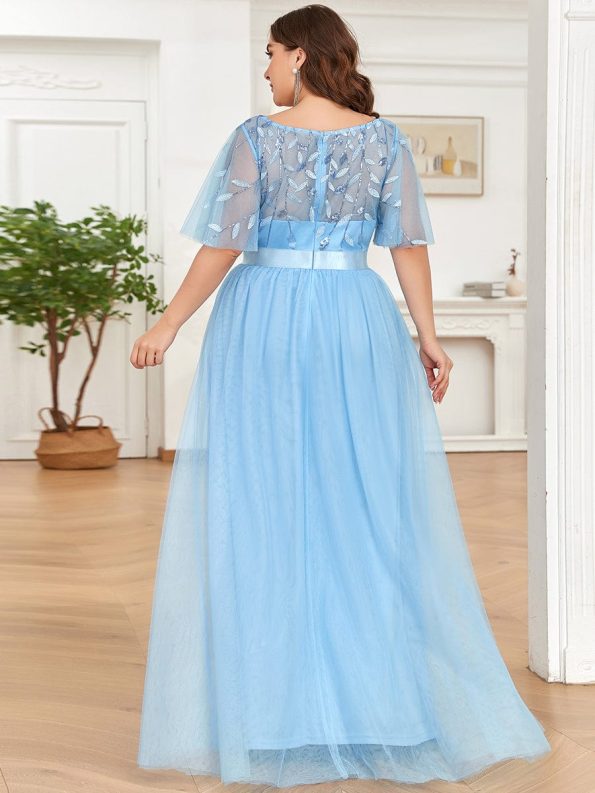 Plus Size Women's Embroidery Evening Dresses with Short Sleeve - Sky Blue