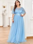 Plus Size Women’s Embroidery Evening Dresses with Short Sleeve – Sky Blue