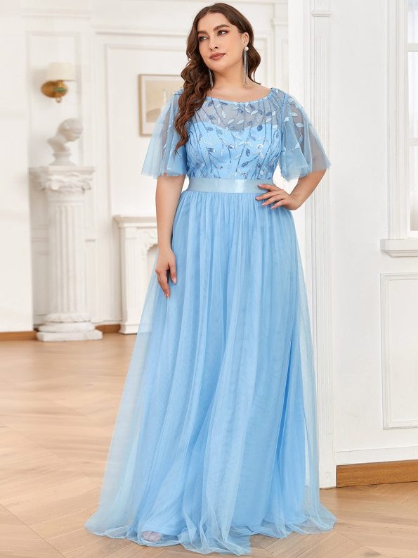 Plus Size Women's Embroidery Evening Dresses with Short Sleeve - Sky Blue