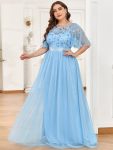 Plus Size Women’s Embroidery Evening Dresses with Short Sleeve – Sky Blue