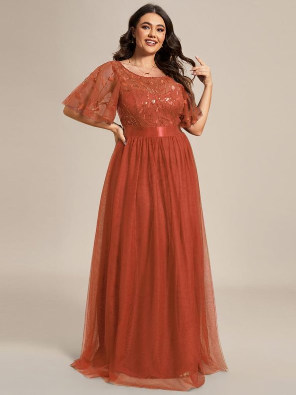 Plus Size Women's Embroidery Evening Dresses with Short Sleeve - Burnt Orange